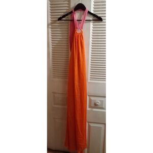 Aakaa Bright Summer Halterneck   Maxi Sundress Orange and Pink – Size Large